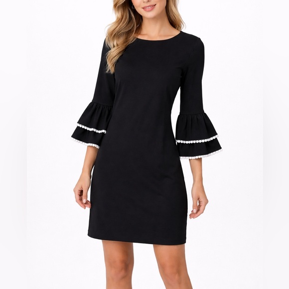 Sara Campbell Black Shift Dress with Ruffle Bell Sleeve White Trim Size Medium - Picture 10 of 10